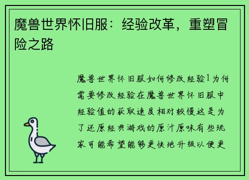 魔兽世界怀旧服：经验改革，重塑冒险之路