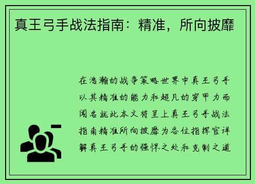 真王弓手战法指南：精准，所向披靡
